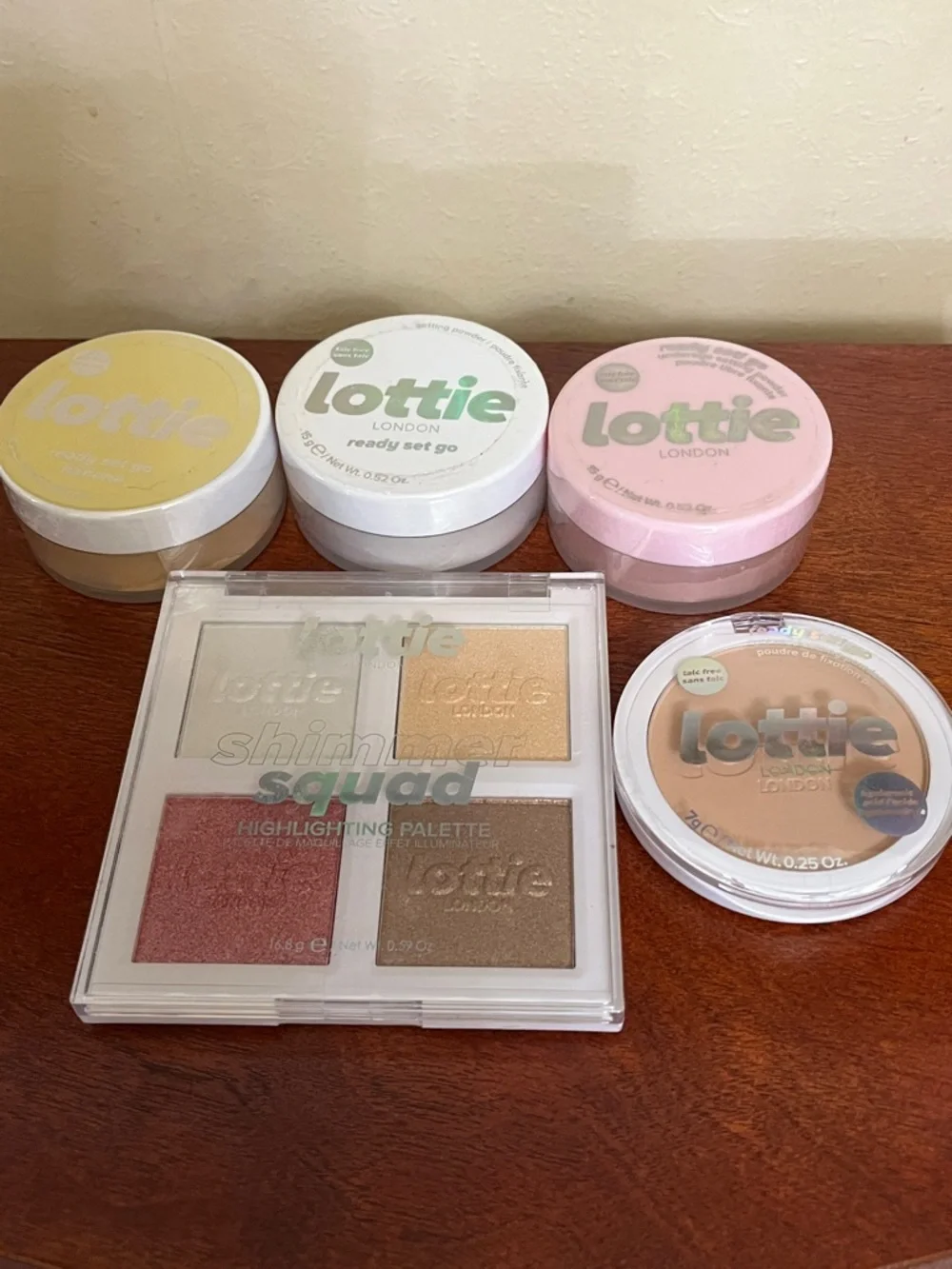 Lottie London makeup lot shimmer squad highlighting palette and setting powders